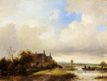 Les voyageurs sur un chemin Haarlem au loin Bateaux Jan Jacob Coenraad Spohler Peinture à l'huile